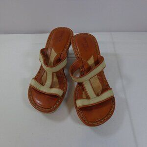 Born Womens Drilles Orange Beige Leather Open Toe Slides Espadrille Wedge Size 7